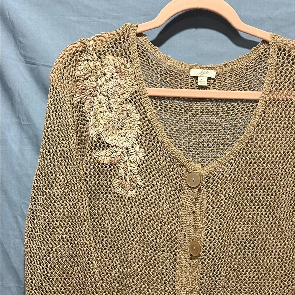 J. Jill Beige Open Knit Cardigan with Floral Accents